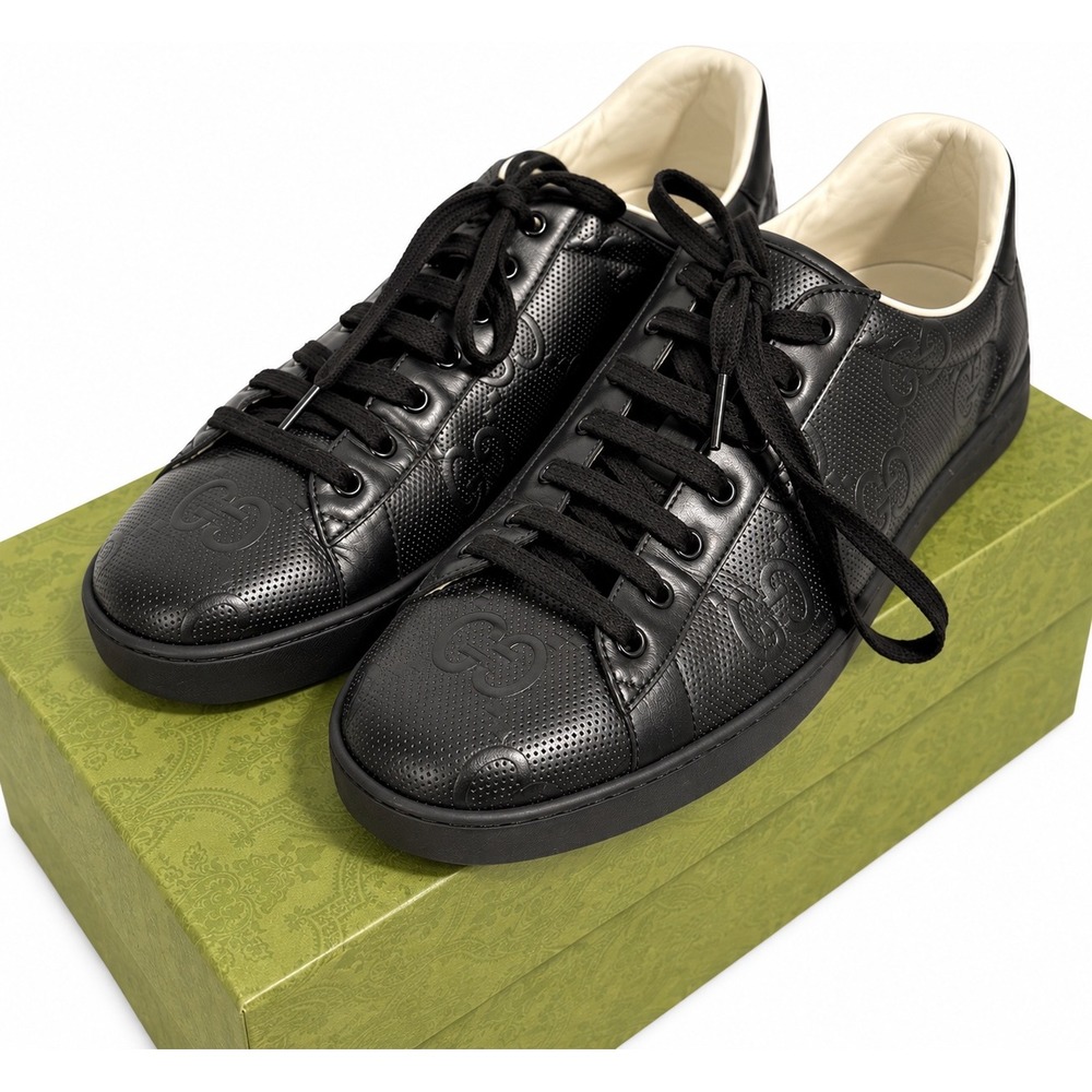 Gucci Ace Perforated GG Logo Sneakers Women 12 Black Excellent Leather Lace Up